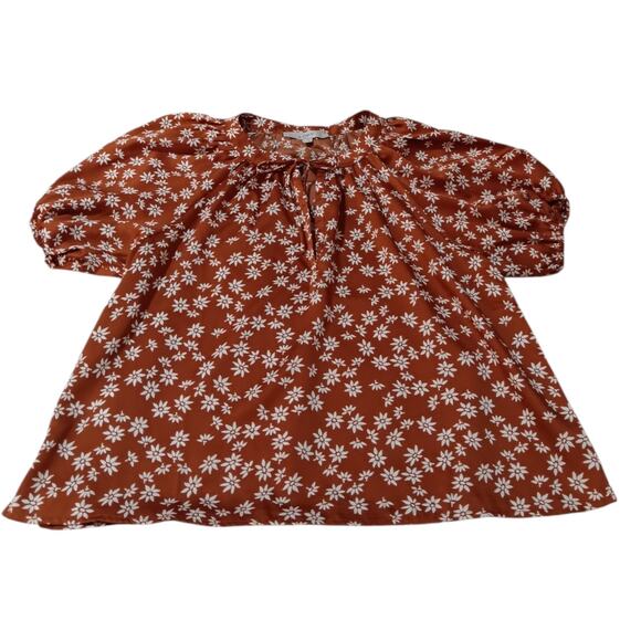 LOFT Blouse Top M Petite Flowy Boho Peasant Cottage Floral Short Sleeve Tie Neck - Picture 5 of 9
